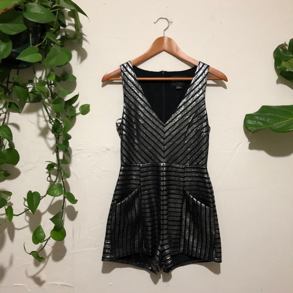 MINKPINK Silver and Black Striped Tank Romper